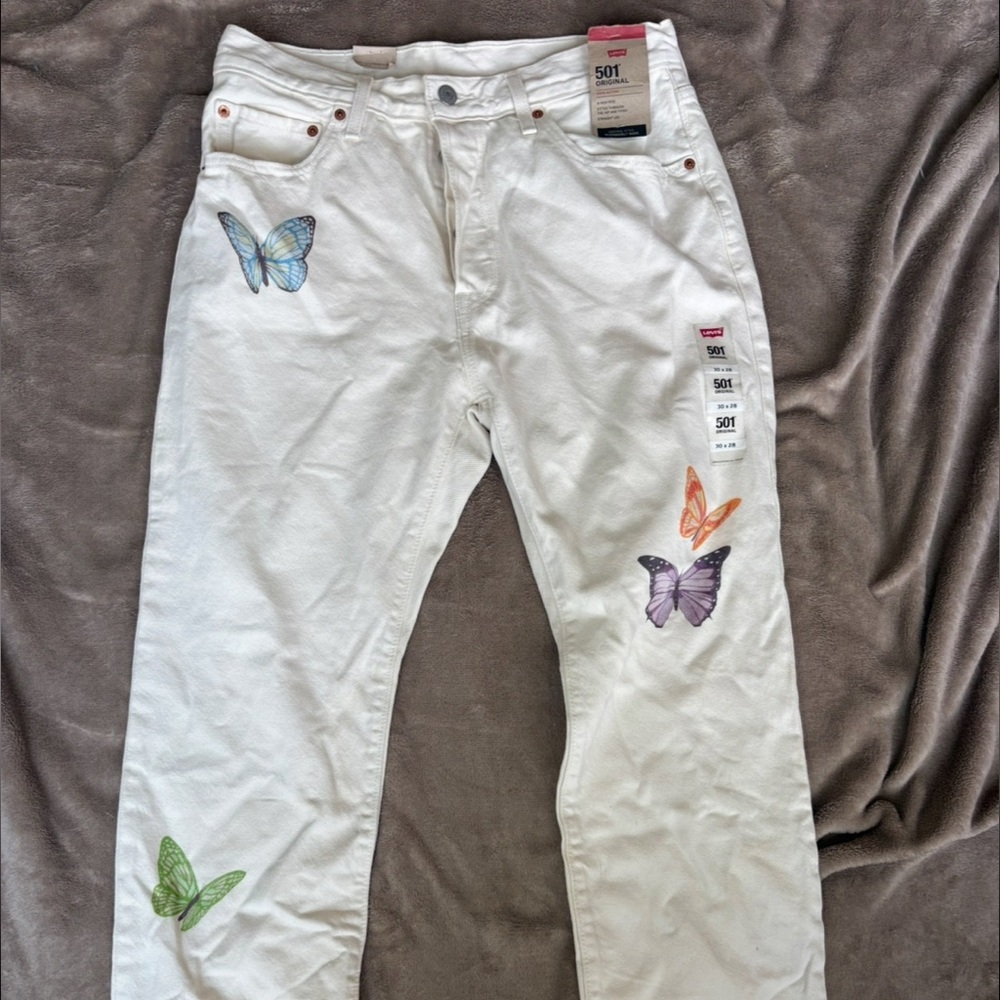 Levi's White Straight Leg Jeans with Multicolor Butterfly Prints